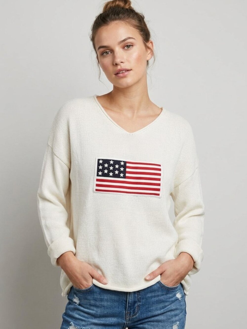 Top It Off American Flag Knit V-Neck Sweater Size S